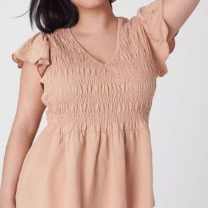 New LANE BRYANT Plus Flutter-Sleeve Smocked Peplum Top Brown 14 / 16